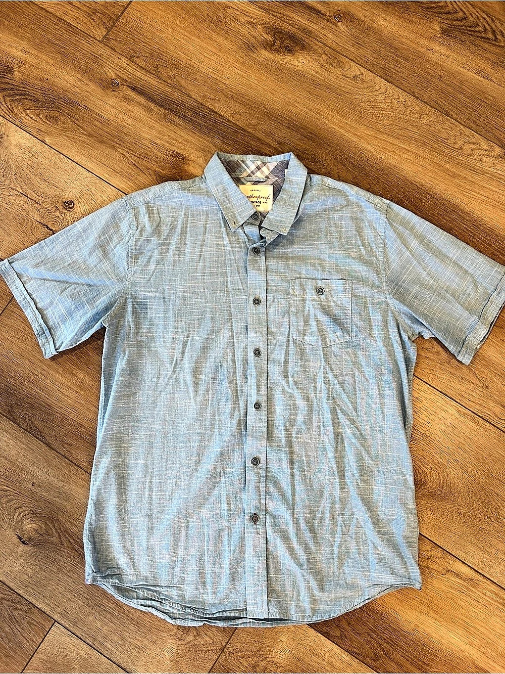 Weatherproof Vintage Short Sleeve Linen-Cotton Blend Button-Down Shirt Plaid